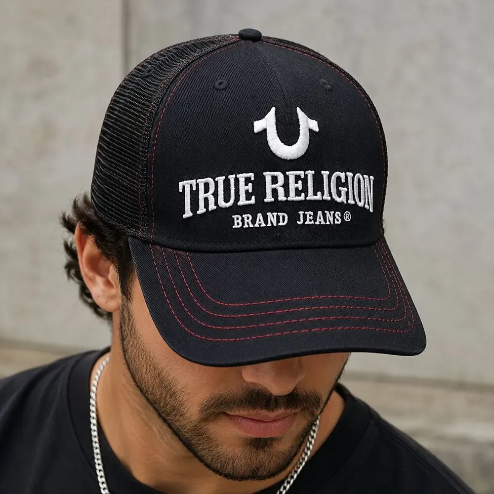 True Religion Hat Trucker Mens One Size Black Mesh Snapback Cap Embroidered Logo